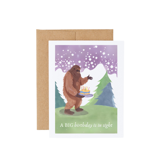 A BIG birthday is in sight Bigfoot Birthday Card: Small Notecard 4.25” x 5.25” / Brown Kraft Paper