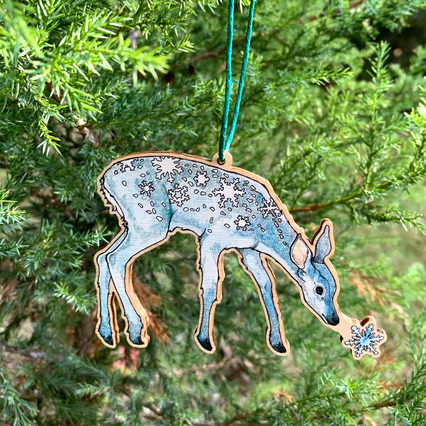 Snow Deer - 3.5" illustrated wooden tree ornament