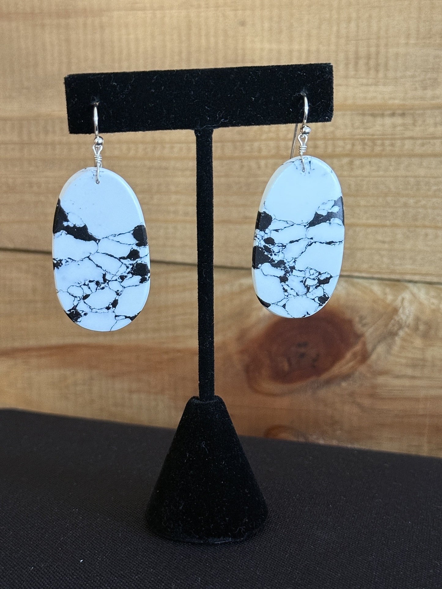 White Buffalo & Sterling Silver Slab Oval Dangle Earrings