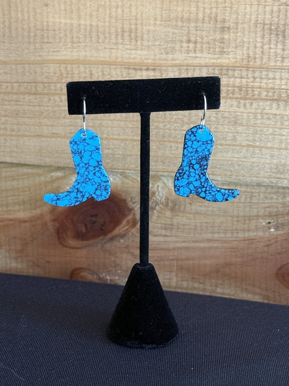Turquoise & Sterling Silver Slab Cowboy Boot Dangle Earrings