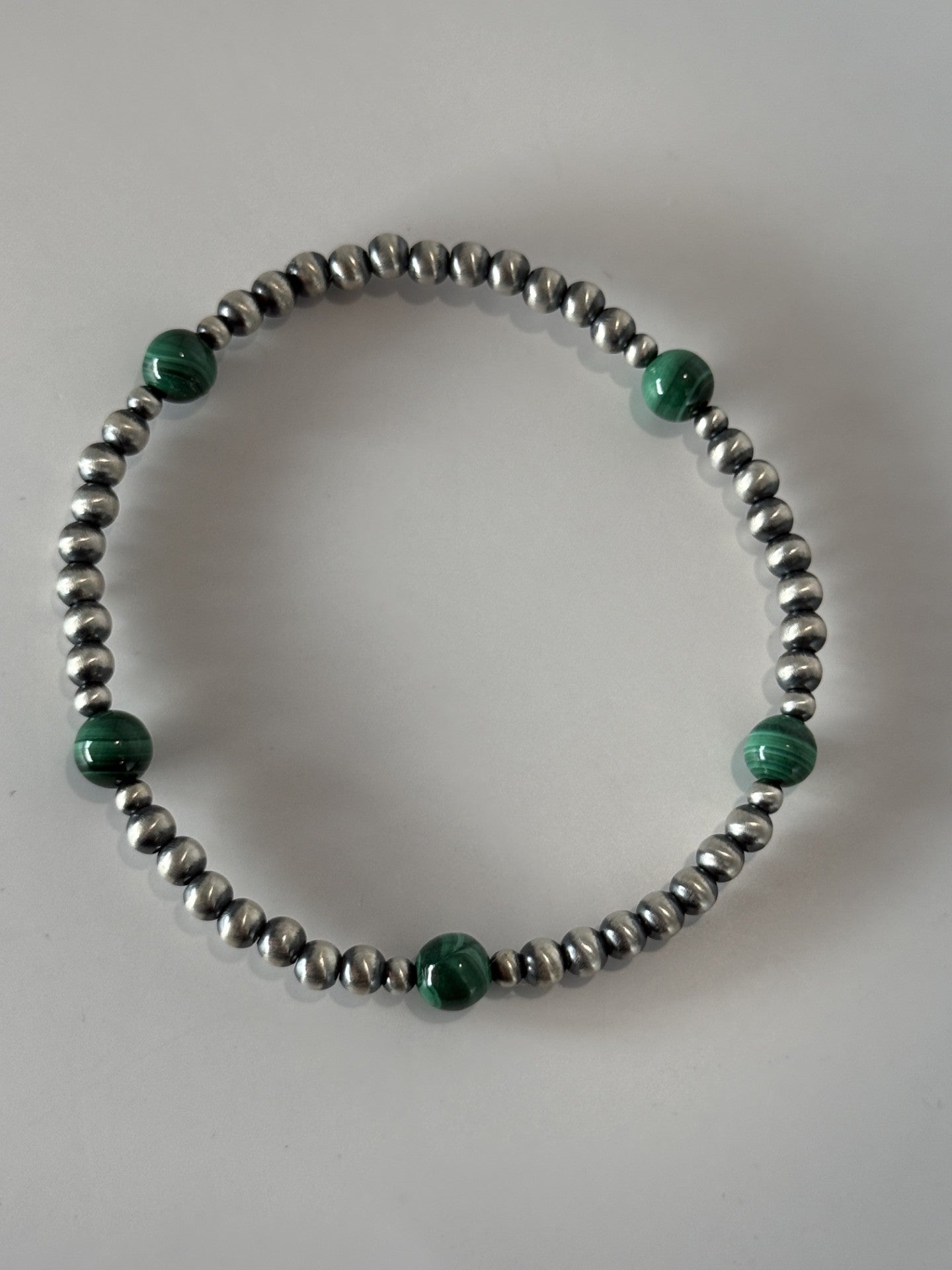 Green Malachite & Sterling Silver Bead Bracelet