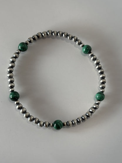 Green Malachite & Sterling Silver Bead Bracelet