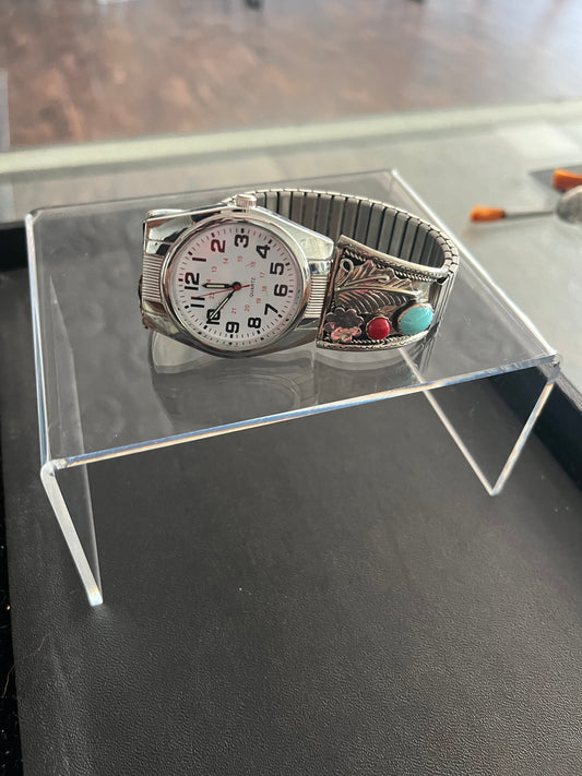 Silver Turquoise and Coral watch and Watch Band