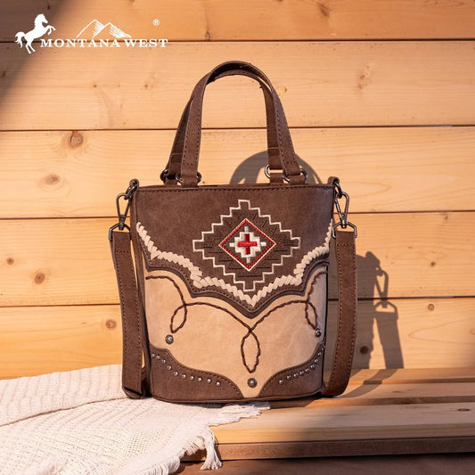 Montana West Embroidered Aztec Bucket Tote/Crossbody - Brown